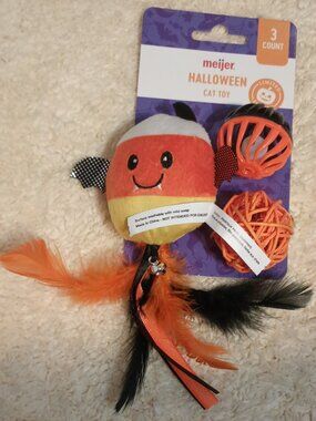 Halloween Cat Toy, 3 pk ~ Bat Dressed Up As A Candy Corn & 2 Mini Balls w/ Bells